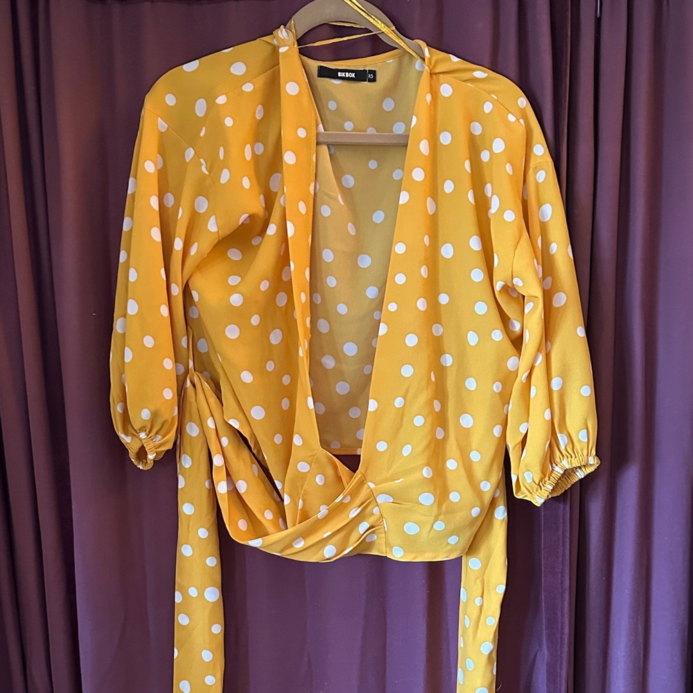 Nina Women's Yellow Polka Dot Wrap Blouse